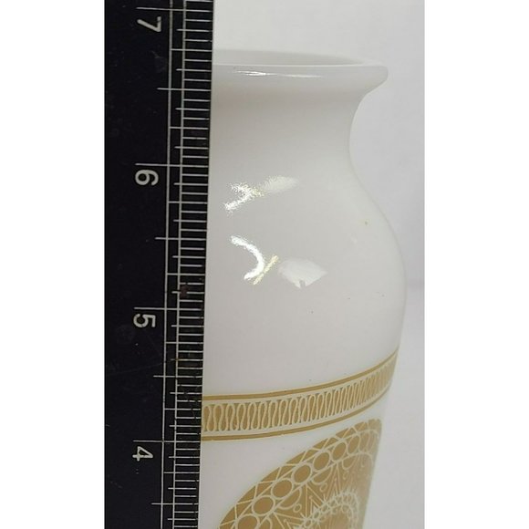 Vintage MCM Milk Glass Mandala Medallion Pattern Vase 7" White w Brown Pattern - Picture 7 of 8